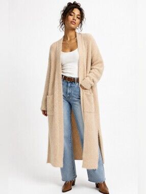 Aakaa NWT Beige Fuzzy Longline Duster Cardigan Sweater Size Small